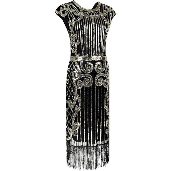 ✨ Flapper Great Gatsby Roaring 1920s Retro Tassel Fringe Sequin Dress SIZE L NEW - Picture 5 of 17